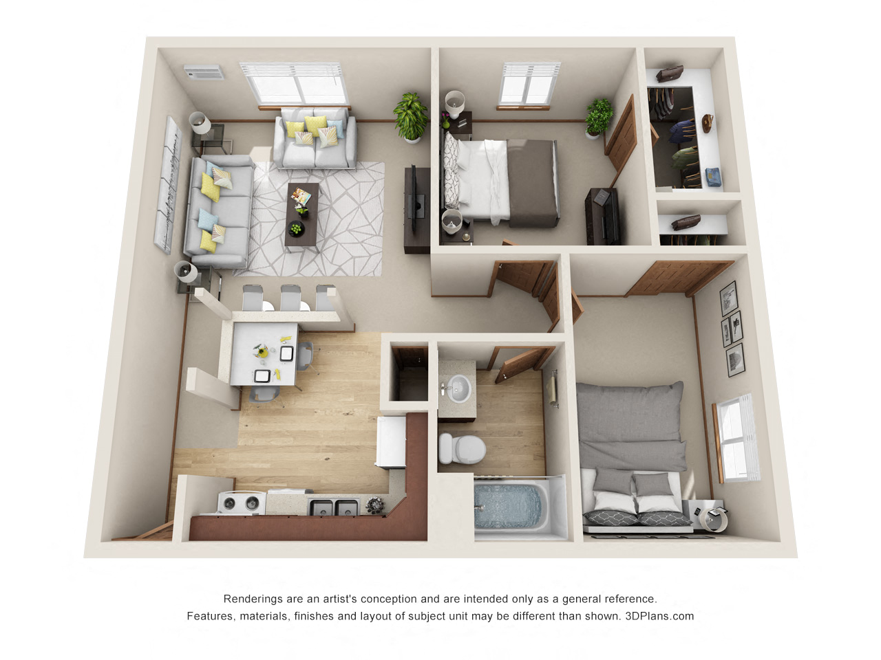 Floor plan for 2 beds, 1 bath, 748 sqft